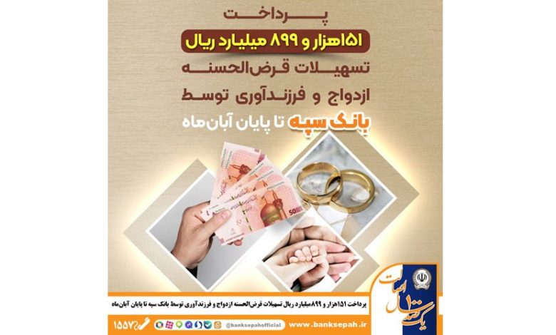 پرداخت 151 هزار و 899 میلیارد ریال تسهیلات قرض‌الحسنه ازدواج و فرزندآوری توسط بانک سپه تا پایان آبان‌ماه