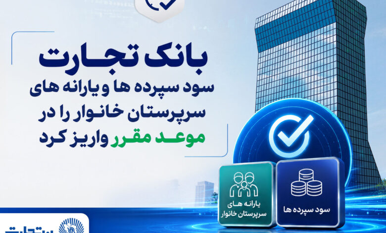 در موعد مقرر ، بانک تجارت سود سپرده‌ها و یارانه‌های سرپرستان خانوار را واریز کرد